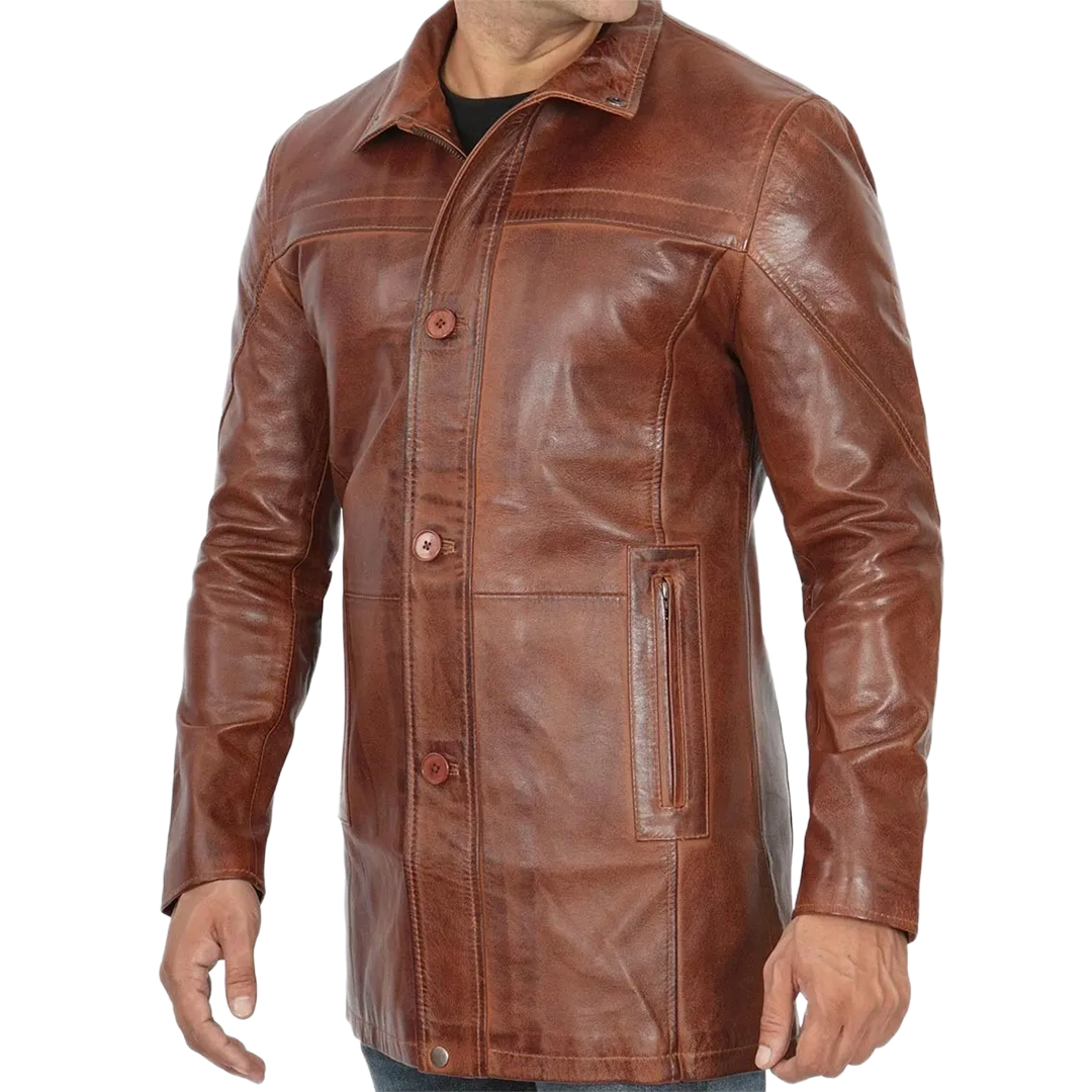 Men's Vintage Cognac Leather Car Coat