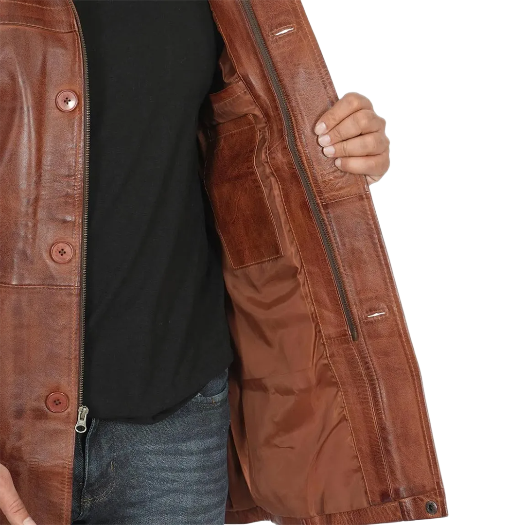 Men's Vintage Cognac Leather Car Coat