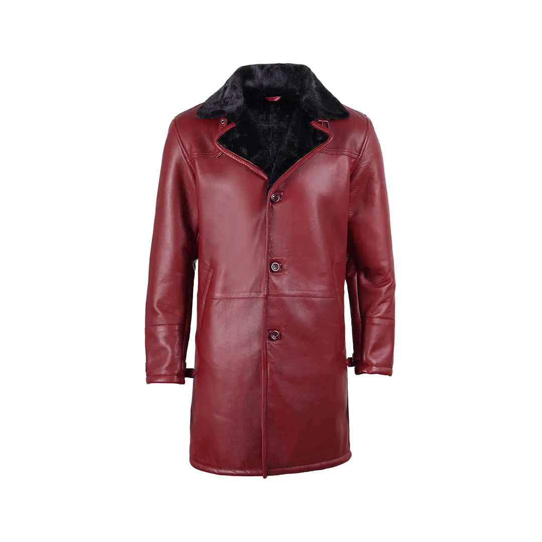 Men's Winter Burgundy Leather with Black Shearling Long Coat