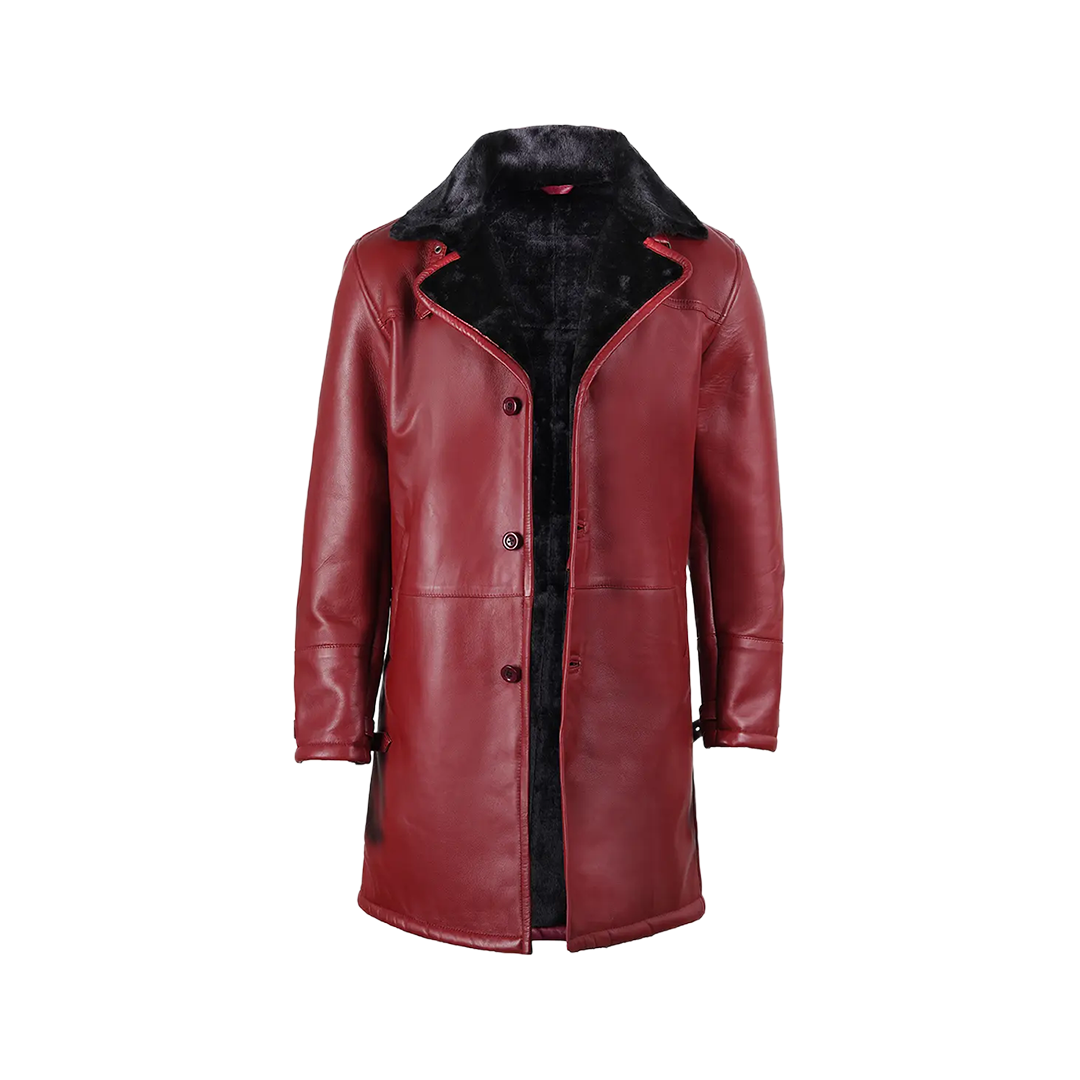 Men's Winter Burgundy Leather with Black Shearling Long Coat