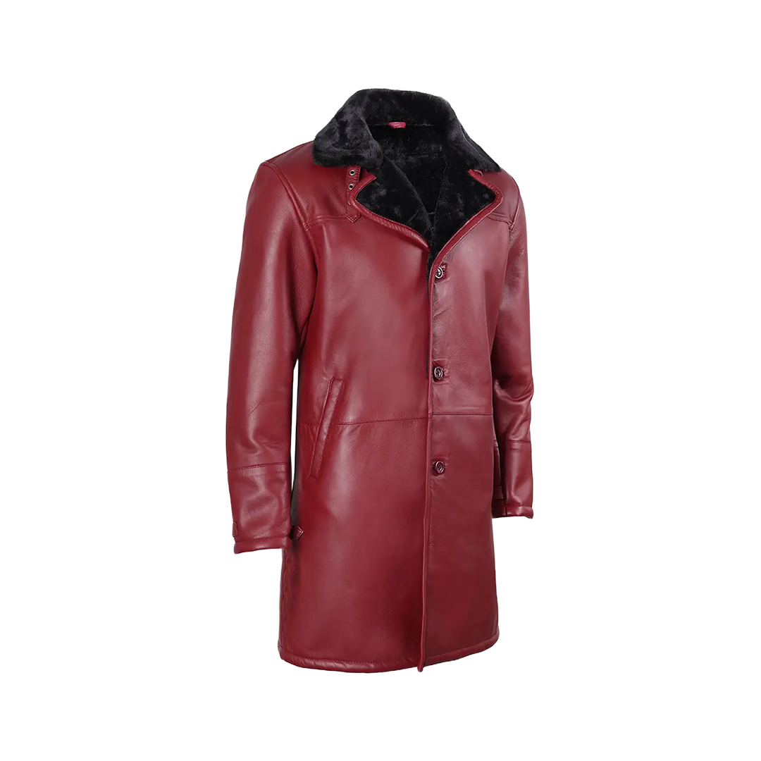 Men's Winter Burgundy Leather with Black Shearling Long Coat