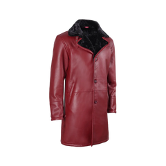 Men's Winter Burgundy Leather with Black Shearling Long Coat