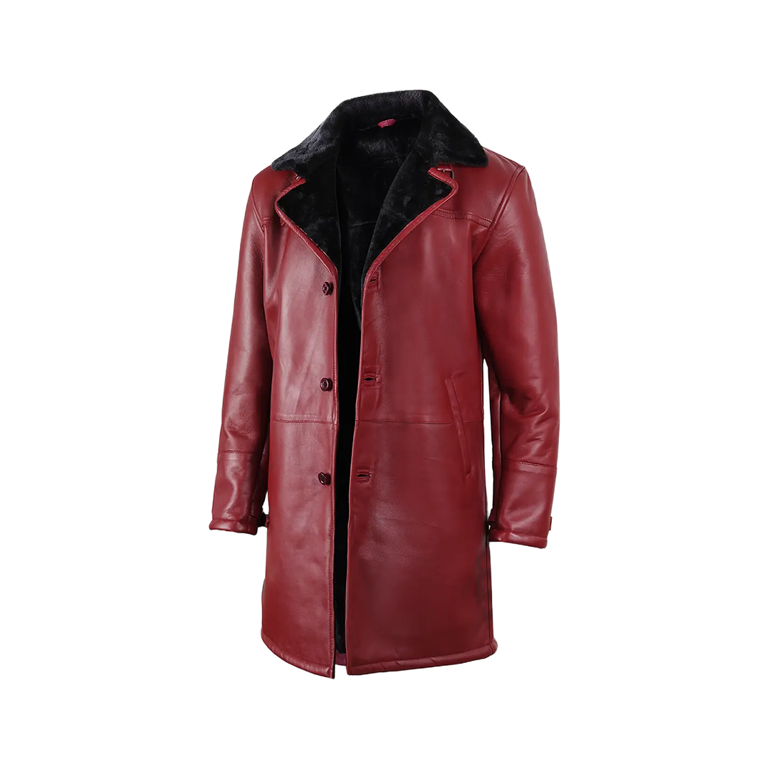 Men's Winter Burgundy Leather with Black Shearling Long Coat