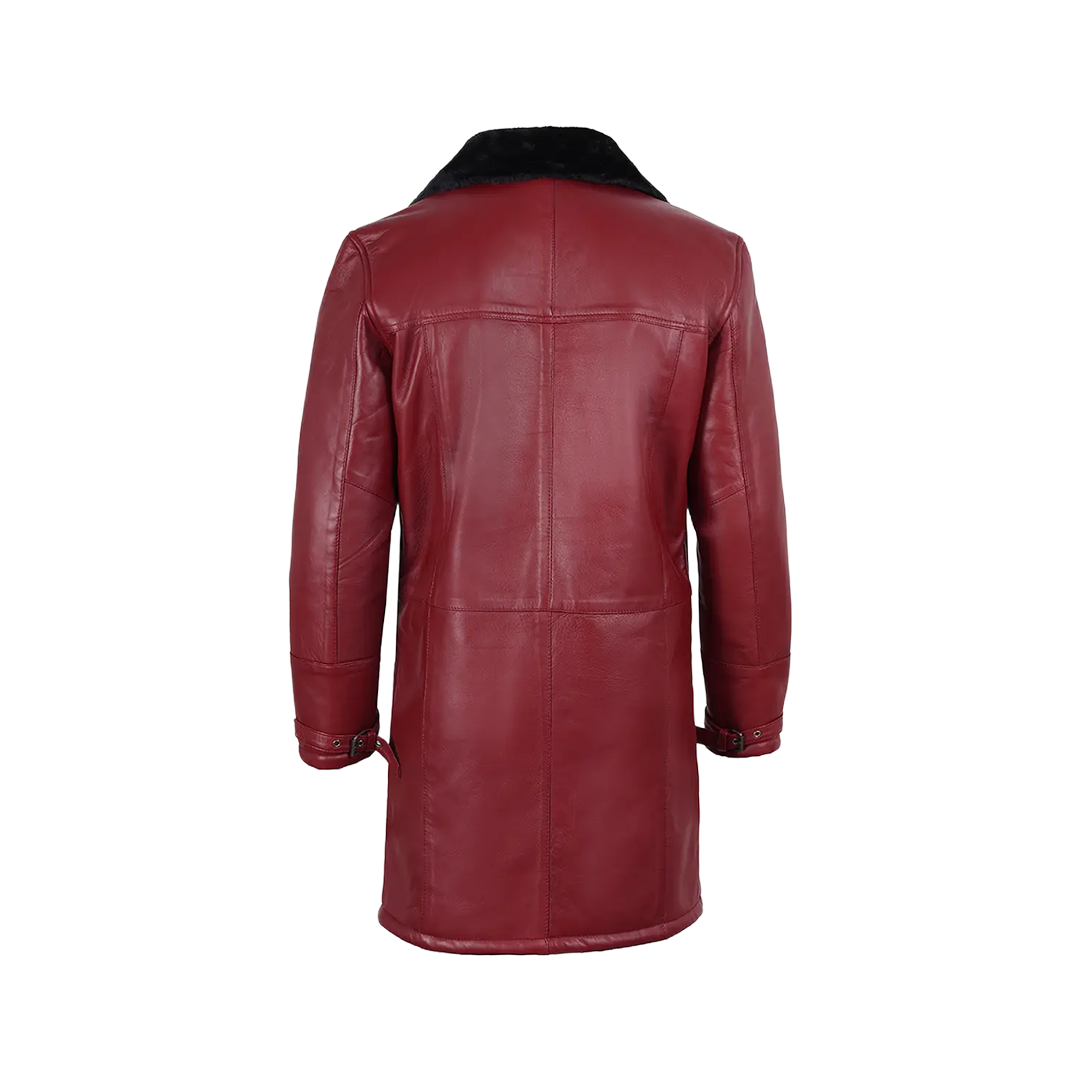 Men's Winter Burgundy Leather with Black Shearling Long Coat