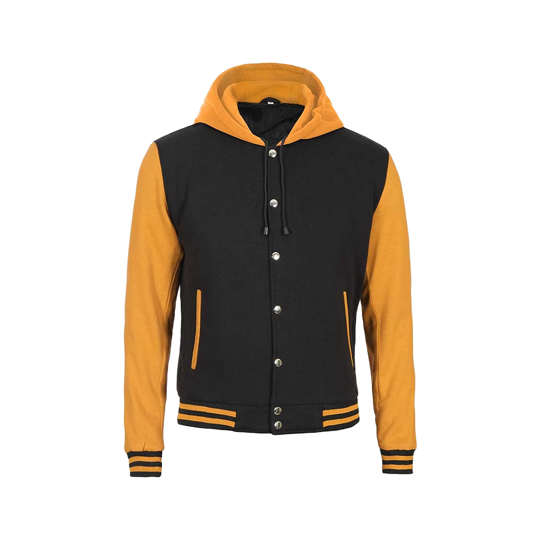 Men's Yellow and Black Varsity Letterman Jacket with Hood