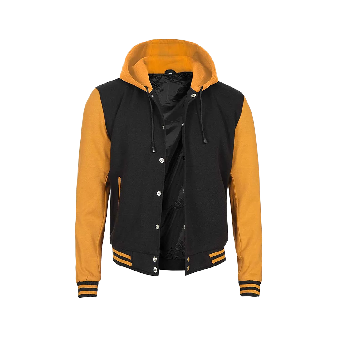 Men's Yellow and Black Varsity Letterman Jacket with Hood