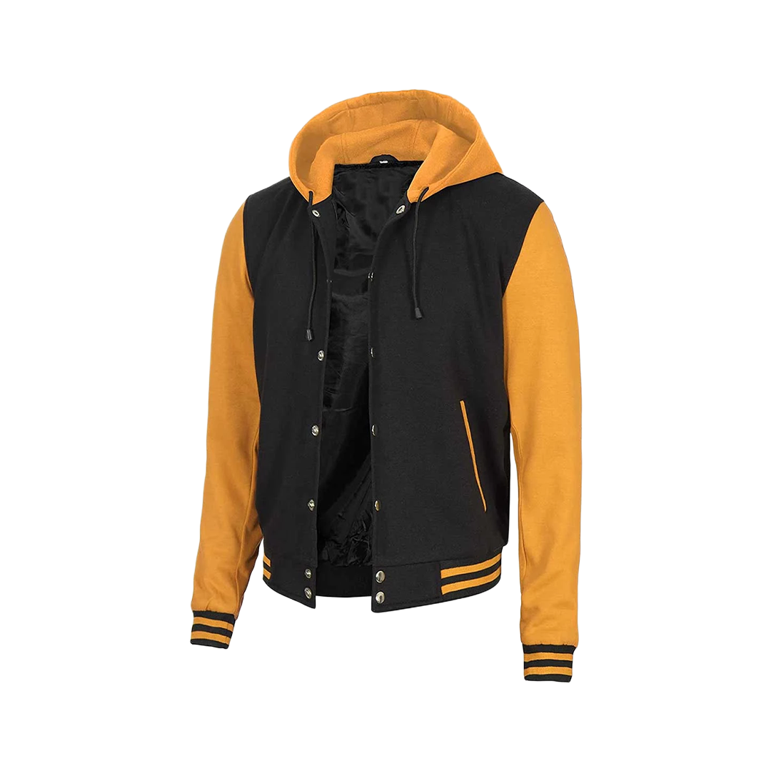 Men's Yellow and Black Varsity Letterman Jacket with Hood