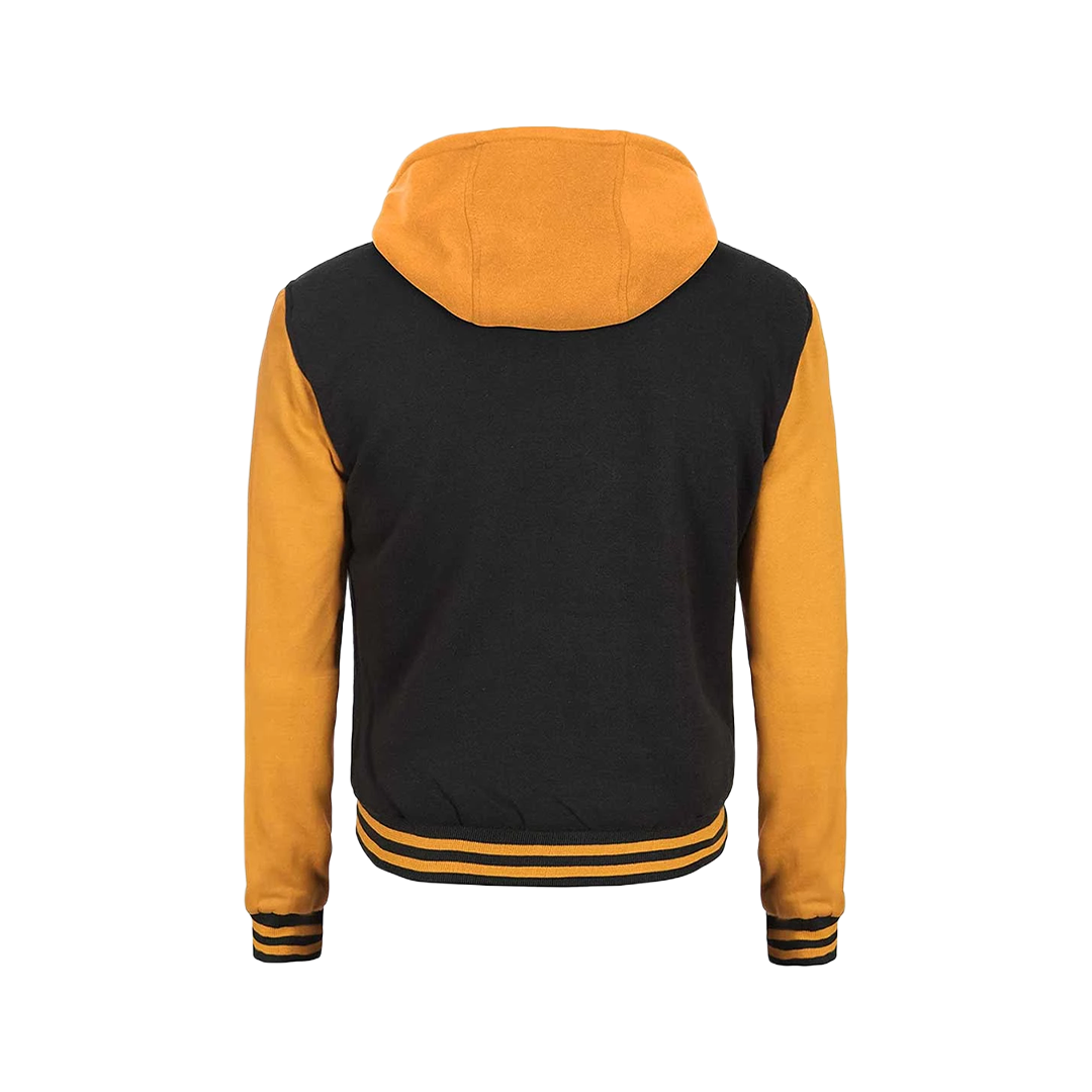 Men's Yellow and Black Varsity Letterman Jacket with Hood