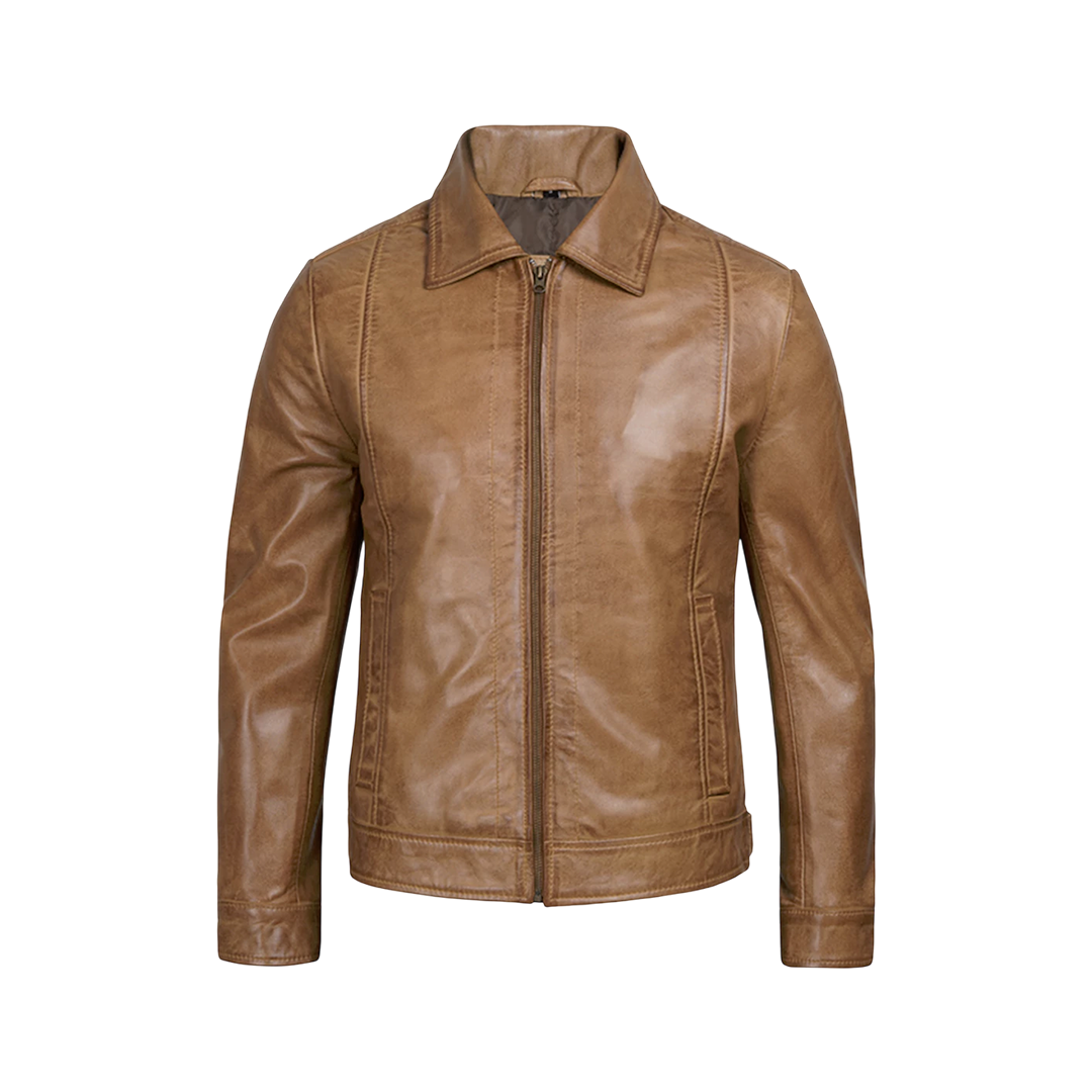 Men’s Yellow Wax Classic Shirt Collar Real Leather Jacket