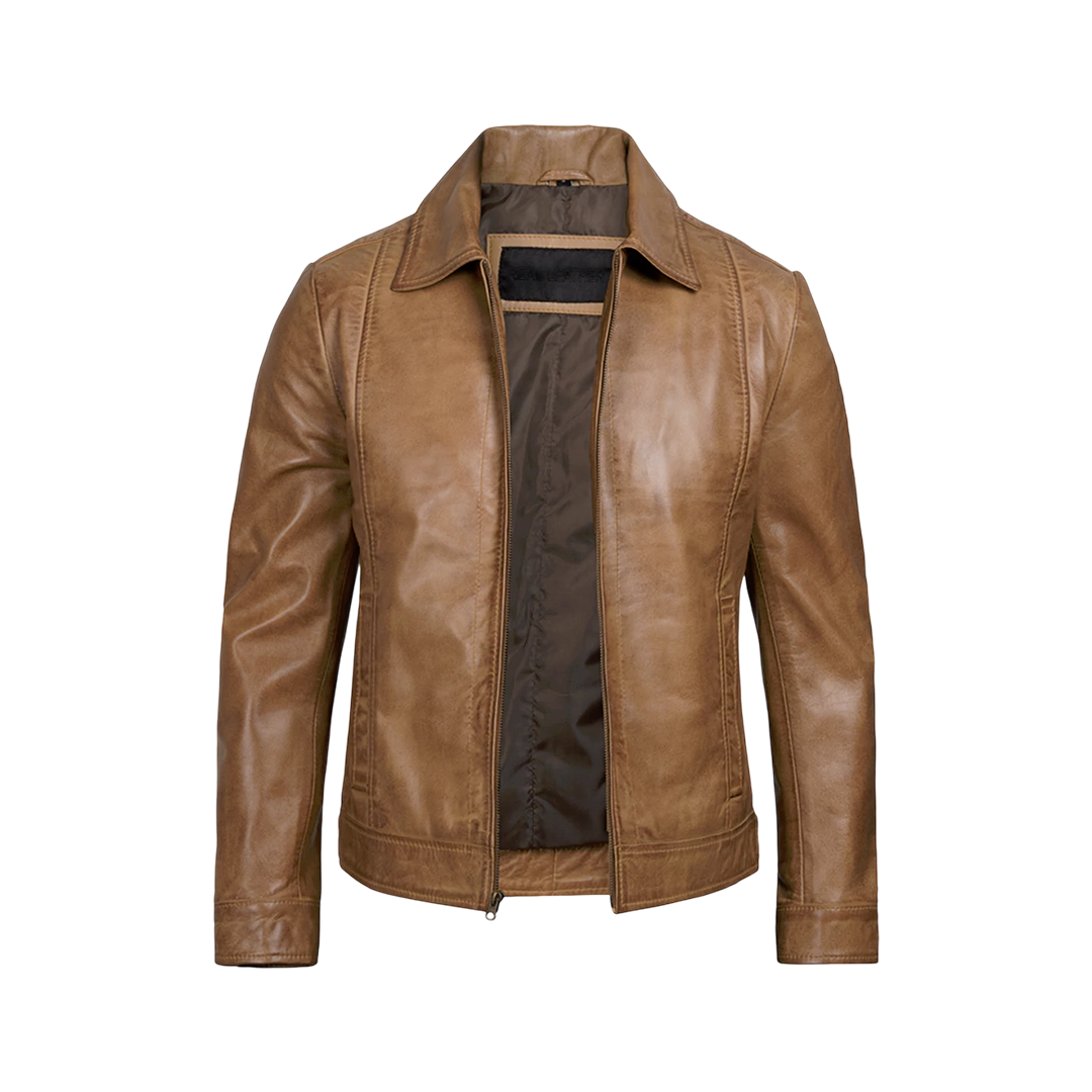 Men’s Yellow Wax Classic Shirt Collar Real Leather Jacket
