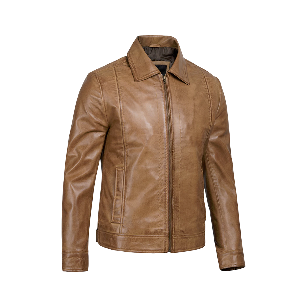 Men’s Yellow Wax Classic Shirt Collar Real Leather Jacket