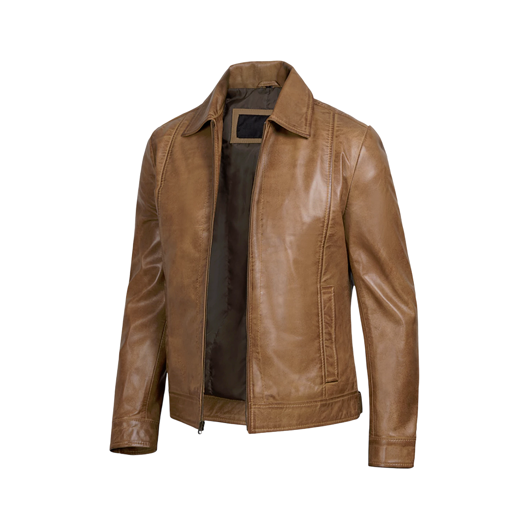 Men’s Yellow Wax Classic Shirt Collar Real Leather Jacket