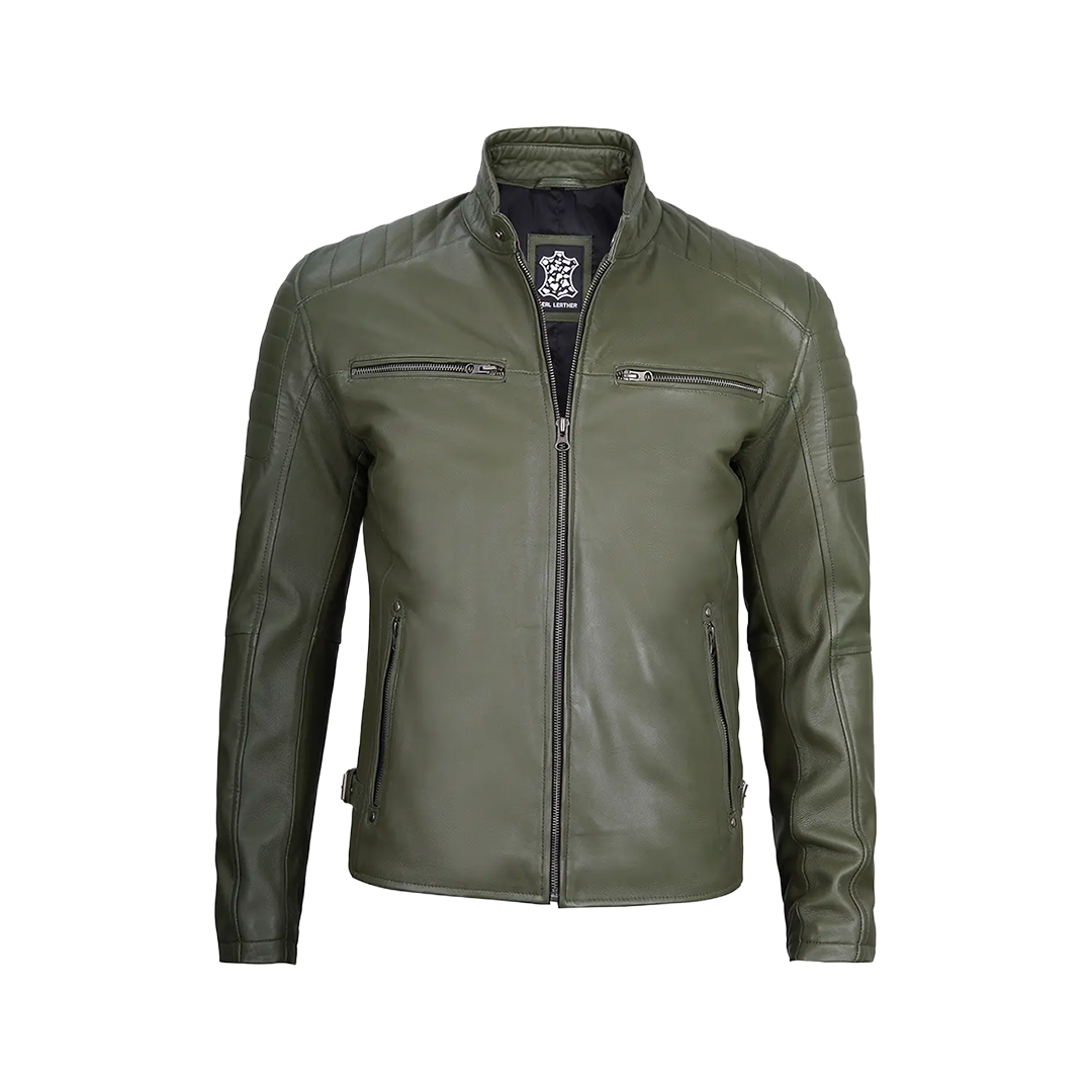 Military Green Cafe Racer Leather Jacket for Men