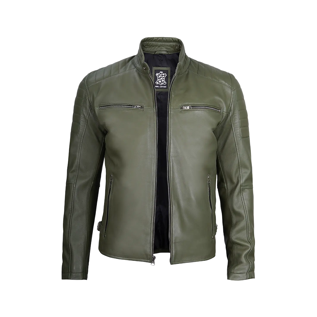 Military Green Cafe Racer Leather Jacket for Men