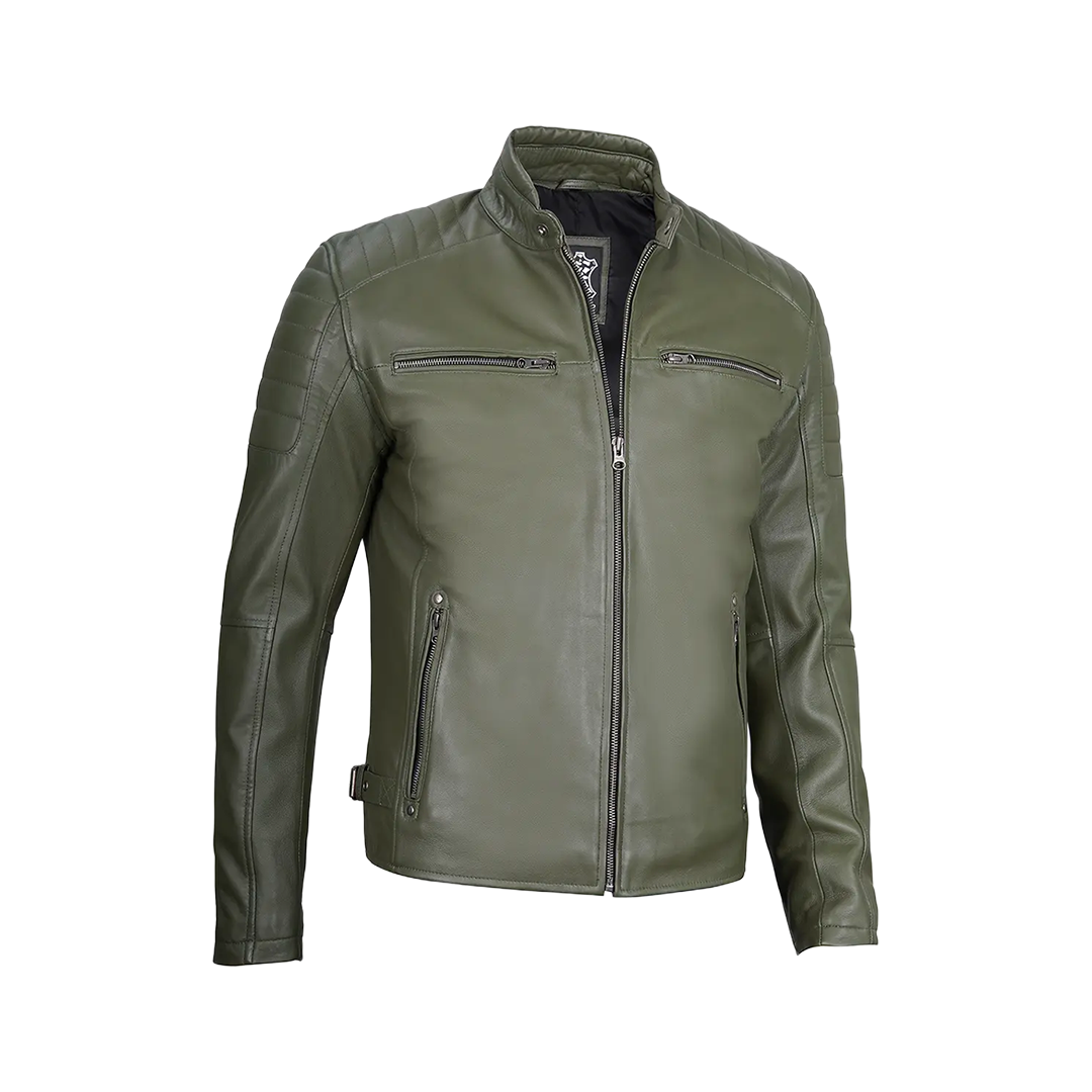 Military Green Cafe Racer Leather Jacket for Men
