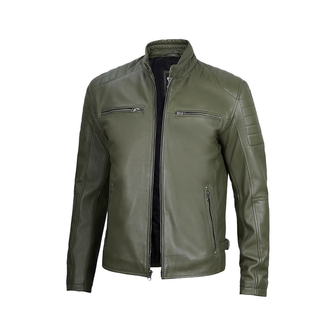 Military Green Cafe Racer Leather Jacket for Men