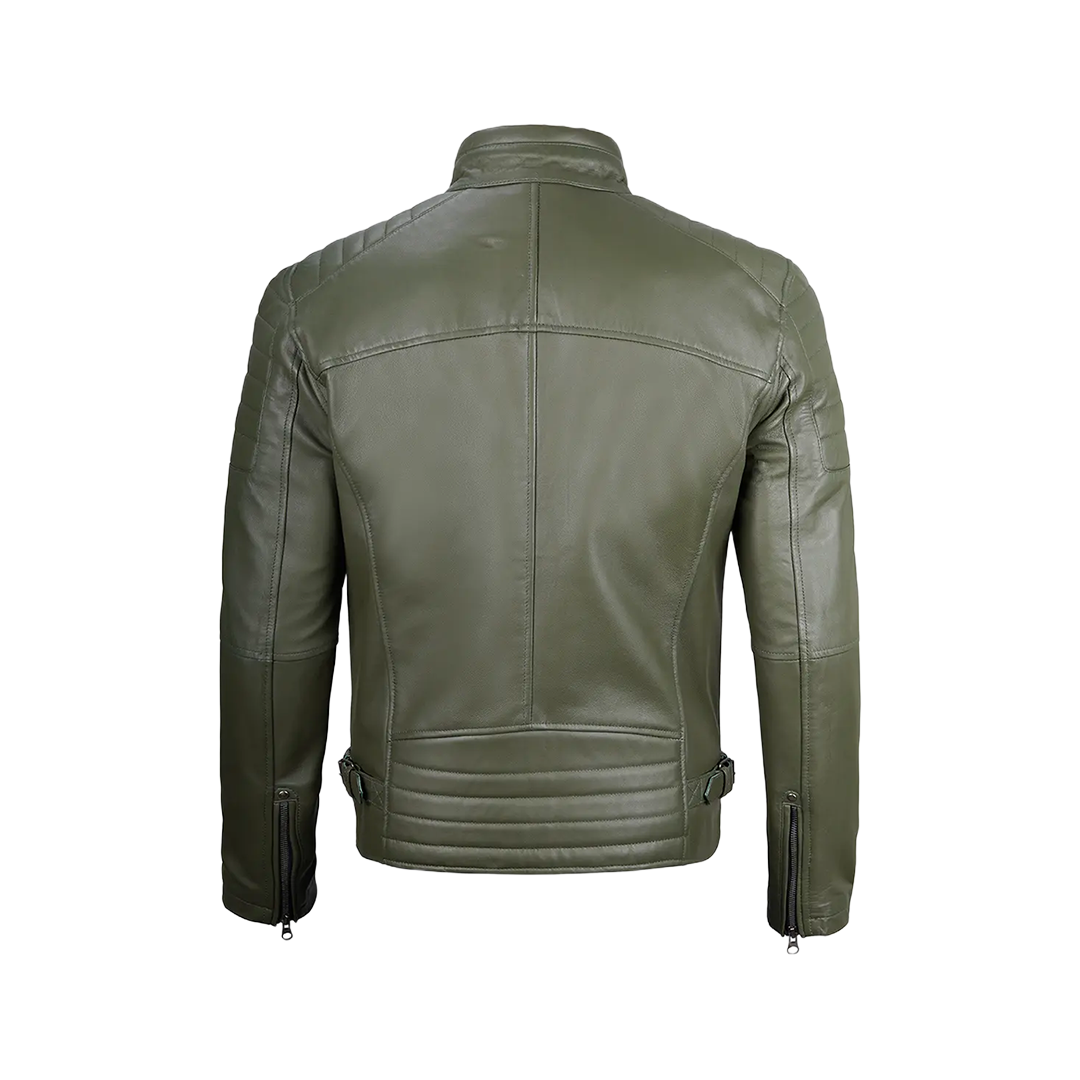 Military Green Cafe Racer Leather Jacket for Men
