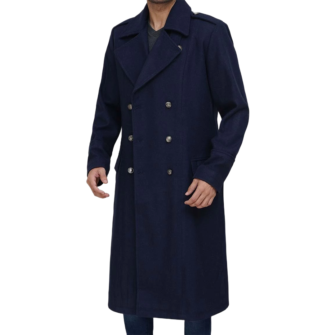 Navy Blue Men's Wool Overcoat - Military Long Coat
