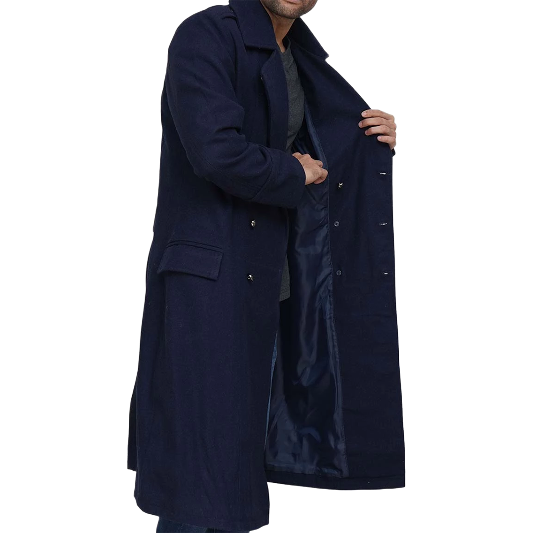 Navy Blue Men's Wool Overcoat - Military Long Coat