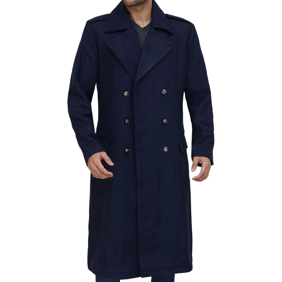 Navy Blue Men's Wool Overcoat - Military Long Coat