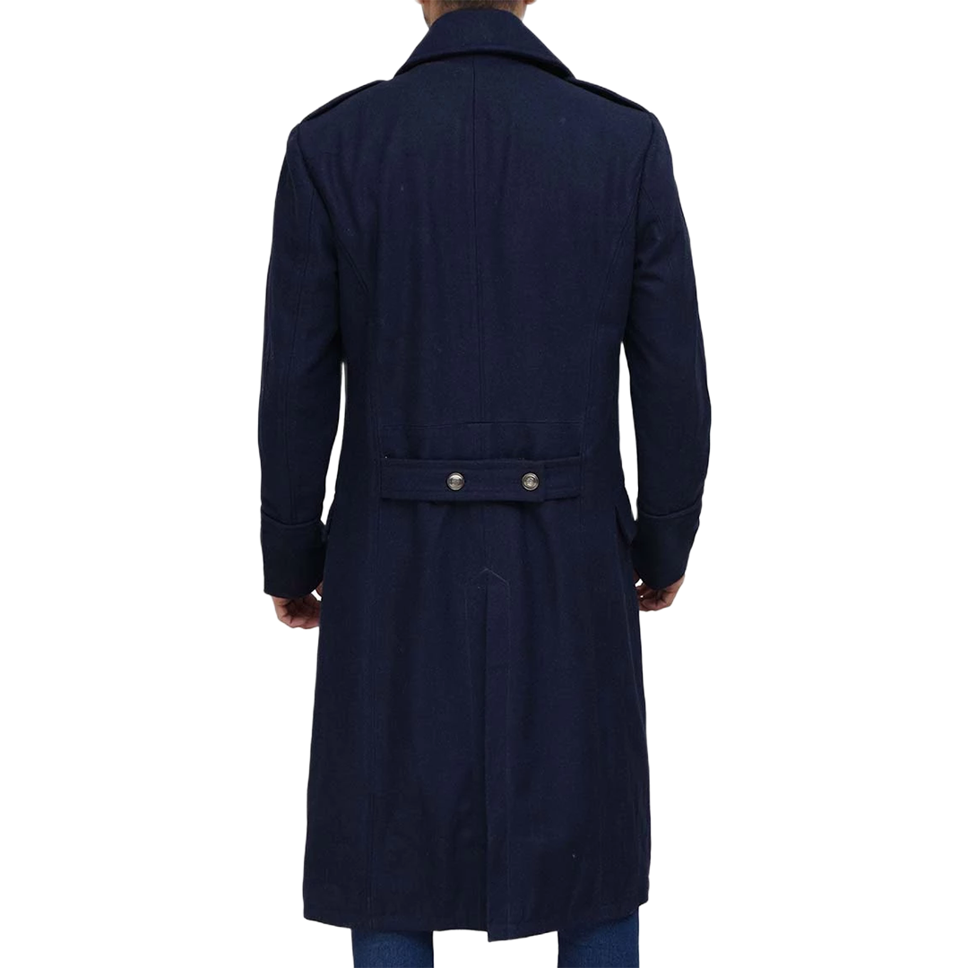Navy Blue Men's Wool Overcoat - Military Long Coat
