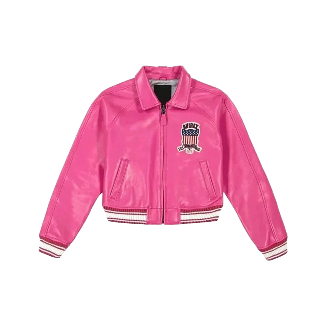 NEW Women's Pink Avirex Cropped Icon Leather Jacket