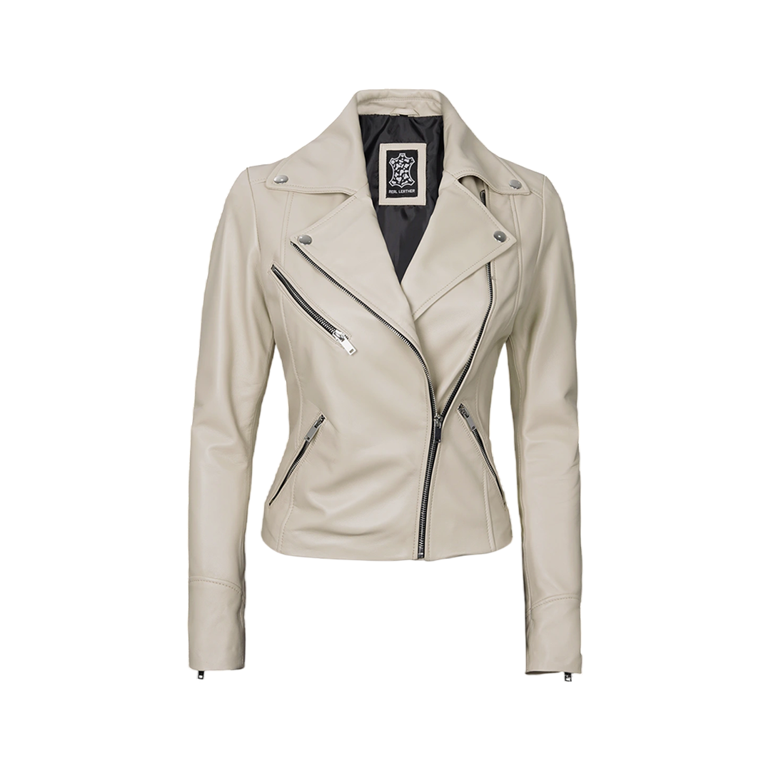 Ninfa Women Moto Style Beige Real Leather Jacket
