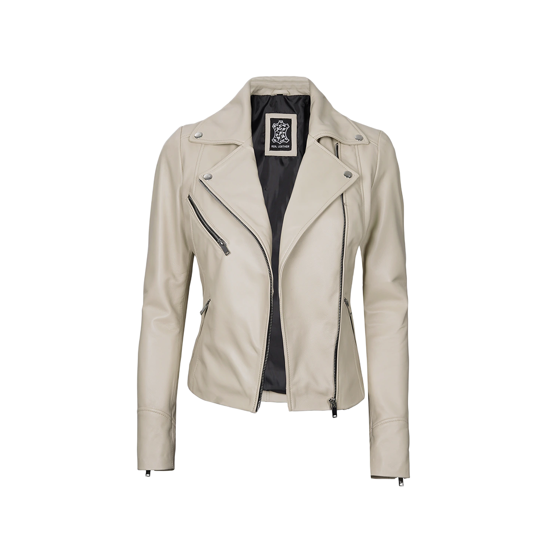 Ninfa Women Moto Style Beige Real Leather Jacket