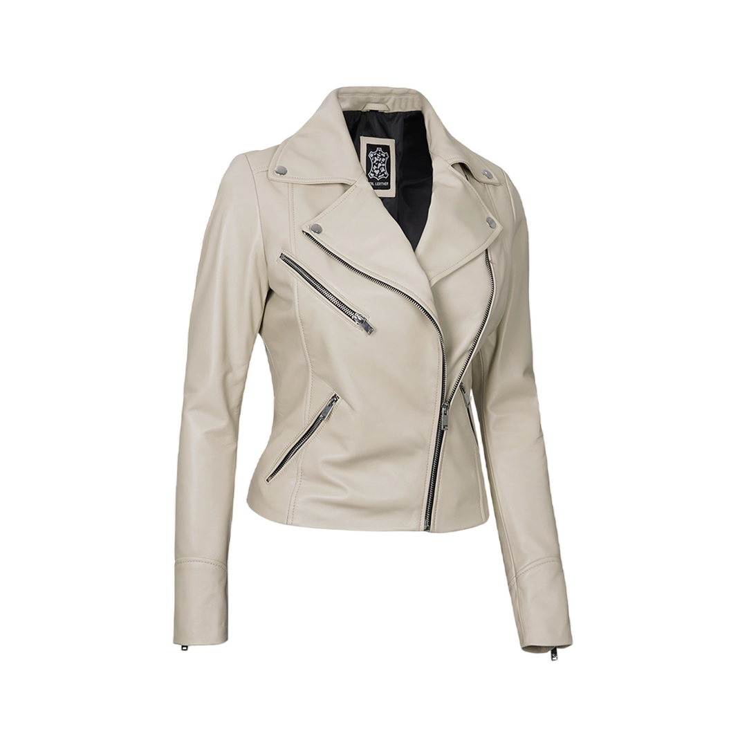 Ninfa Women Moto Style Beige Real Leather Jacket