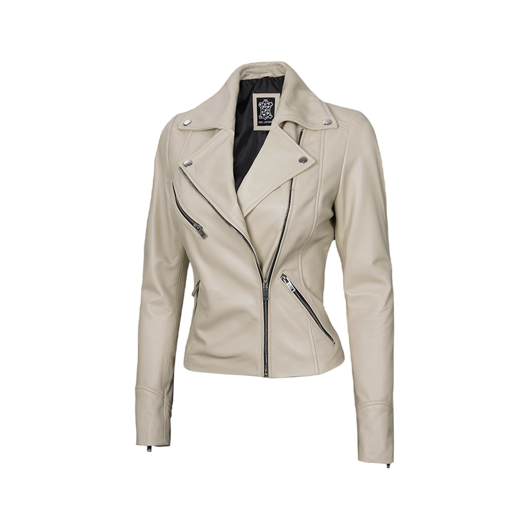 Ninfa Women Moto Style Beige Real Leather Jacket