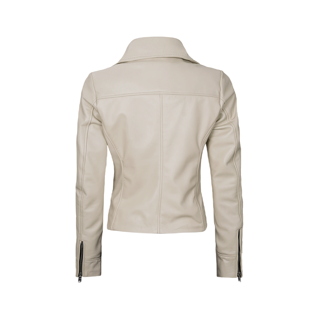 Ninfa Women Moto Style Beige Real Leather Jacket