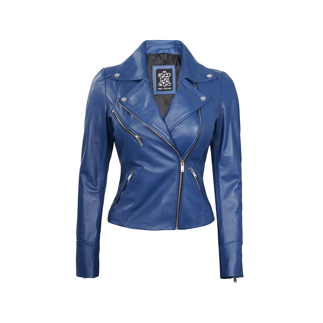 Ninfa Women Moto Style Blue Real Leather Jacket