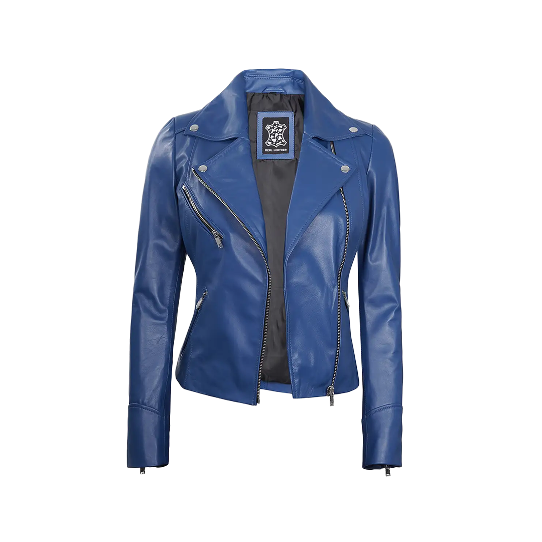Ninfa Women Moto Style Blue Real Leather Jacket