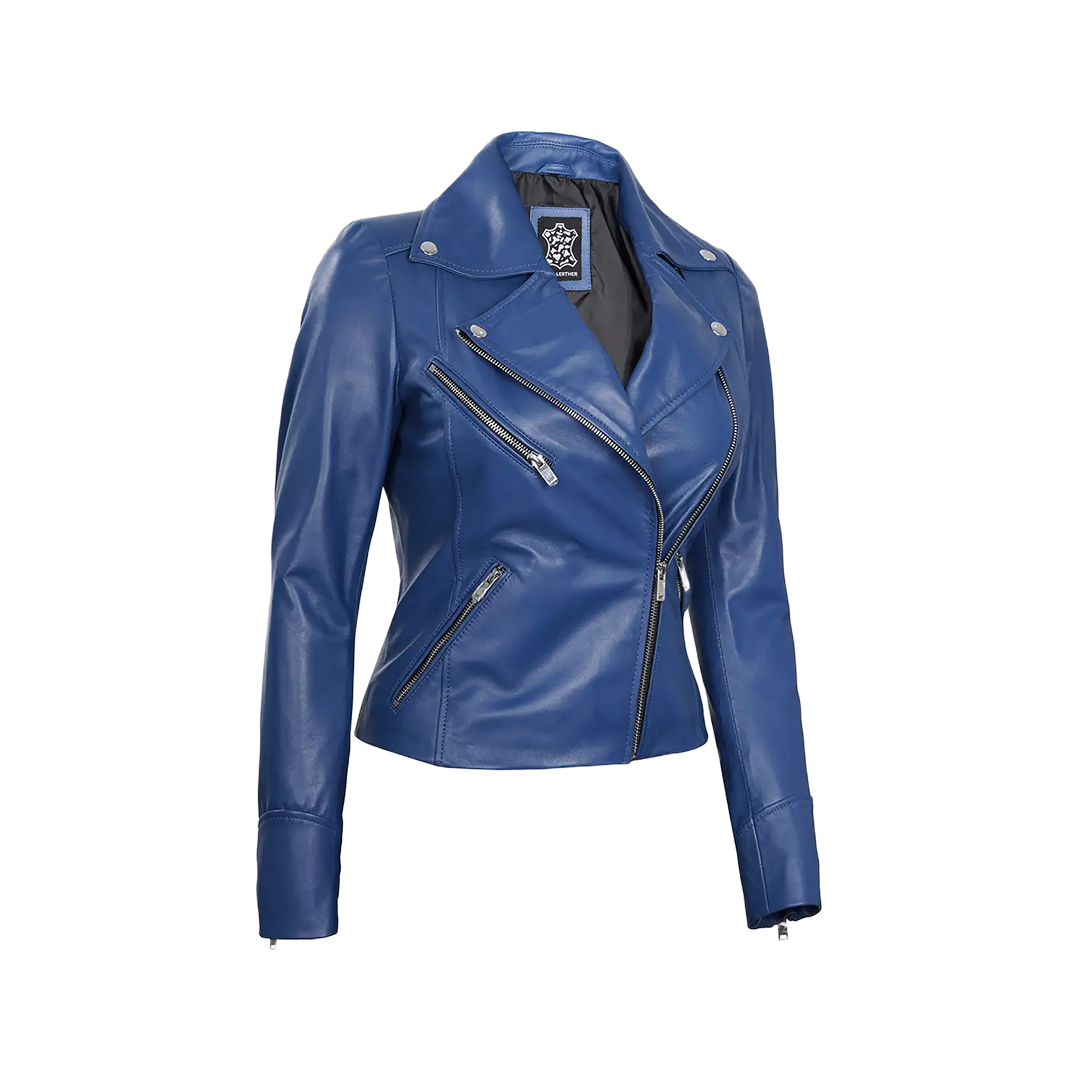 Ninfa Women Moto Style Blue Real Leather Jacket