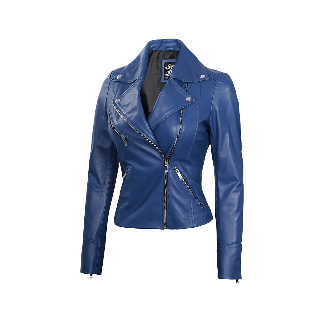 Ninfa Women Moto Style Blue Real Leather Jacket