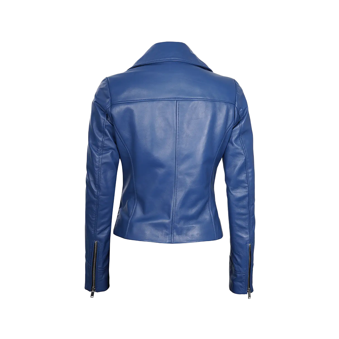 Ninfa Women Moto Style Blue Real Leather Jacket