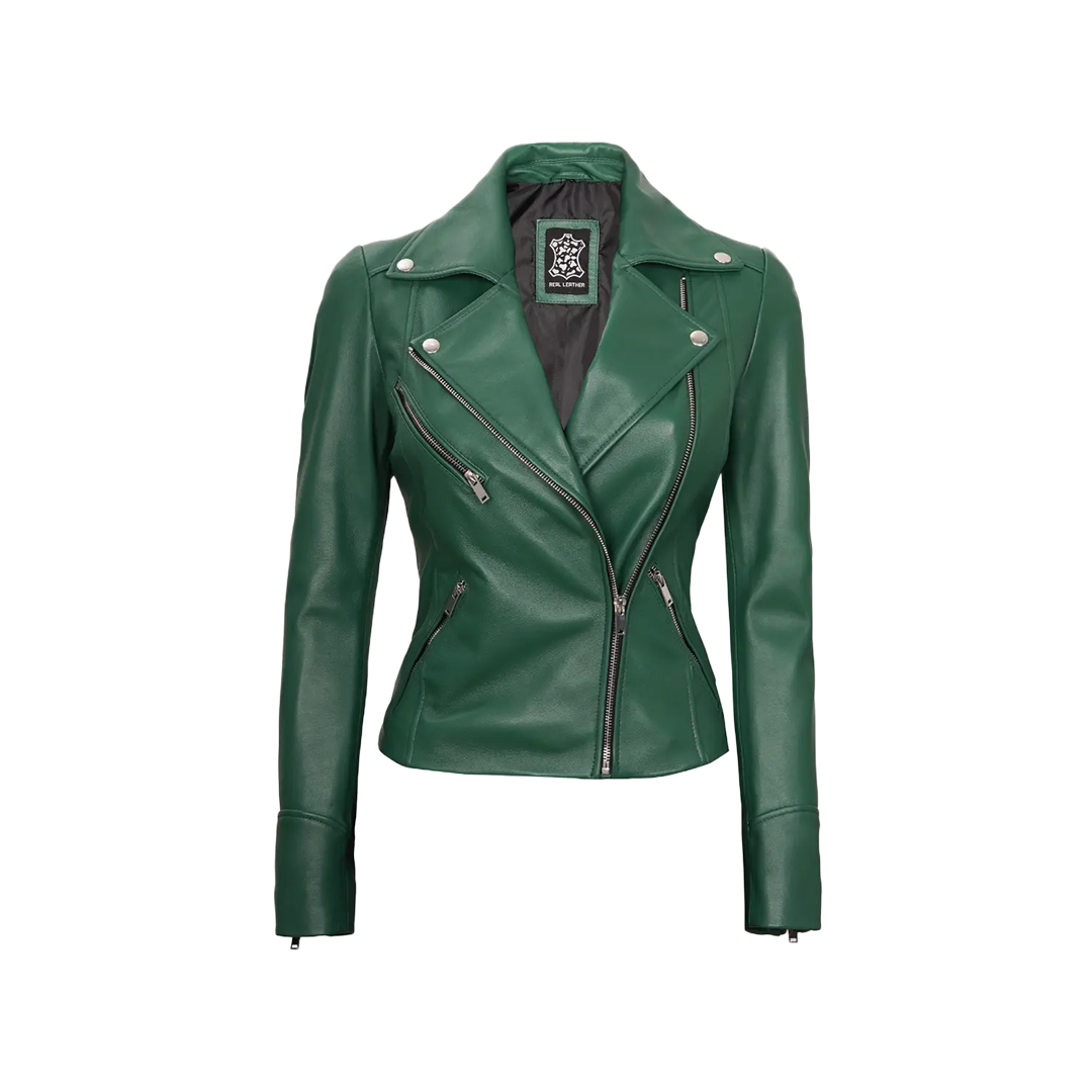 Ninfa Women Moto Style Real Leather Green Jacket