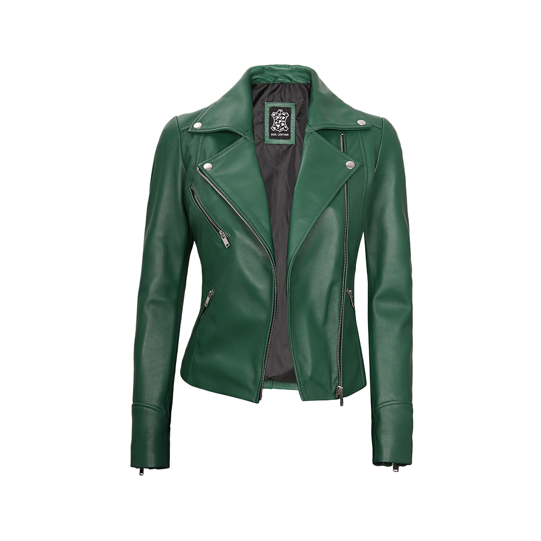 Ninfa Women Moto Style Real Leather Green Jacket