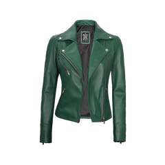 Ninfa Women Moto Style Real Leather Green Jacket