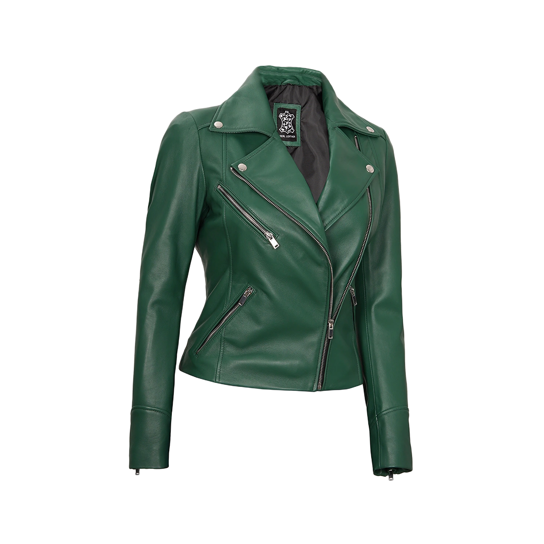 Ninfa Women Moto Style Real Leather Green Jacket