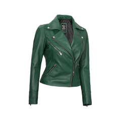Ninfa Women Moto Style Real Leather Green Jacket