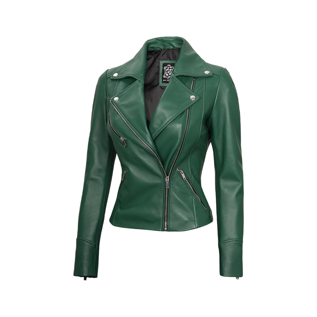 Ninfa Women Moto Style Real Leather Green Jacket
