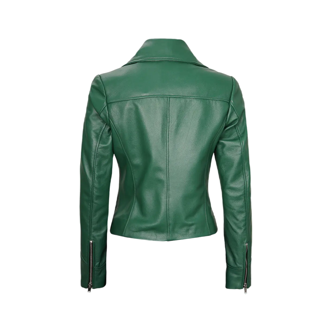 Ninfa Women Moto Style Real Leather Green Jacket