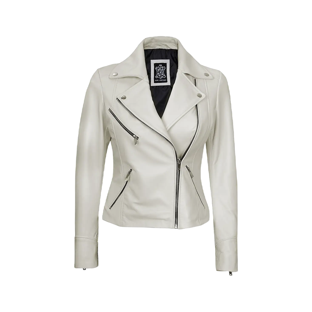 Ninfa Women Moto Style Off White Real Leather Jacket