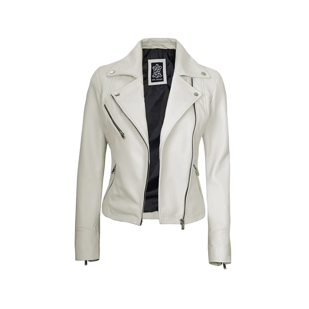 Ninfa Women Moto Style Off White Real Leather Jacket