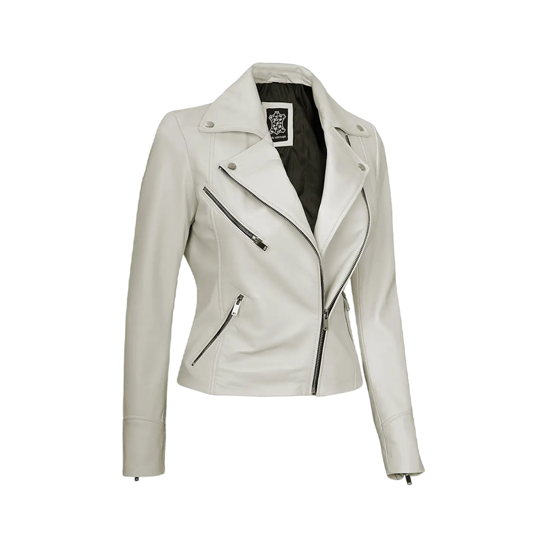 Ninfa Women Moto Style Off White Real Leather Jacket