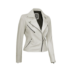 Ninfa Women Moto Style Off White Real Leather Jacket