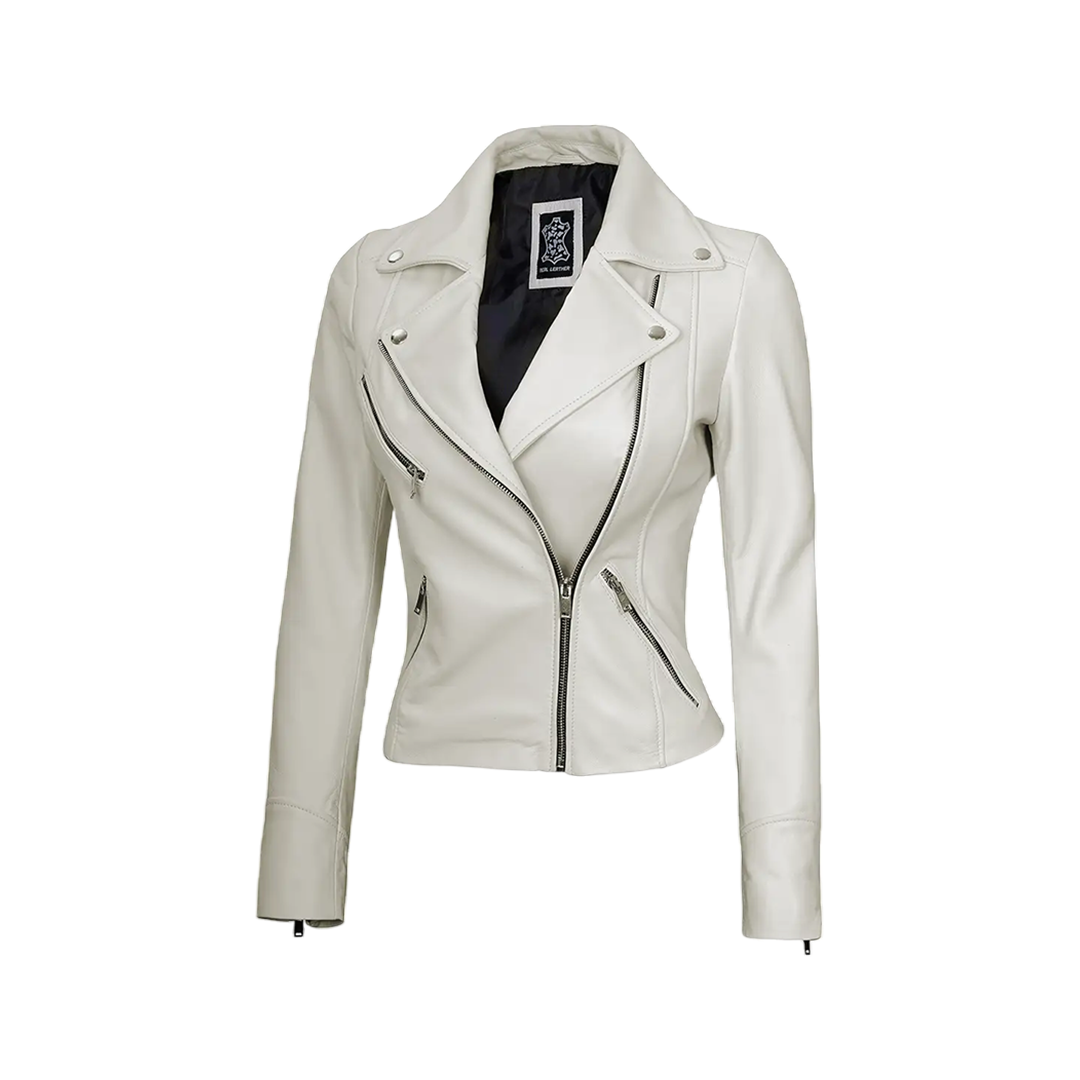 Ninfa Women Moto Style Off White Real Leather Jacket