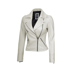Ninfa Women Moto Style Off White Real Leather Jacket