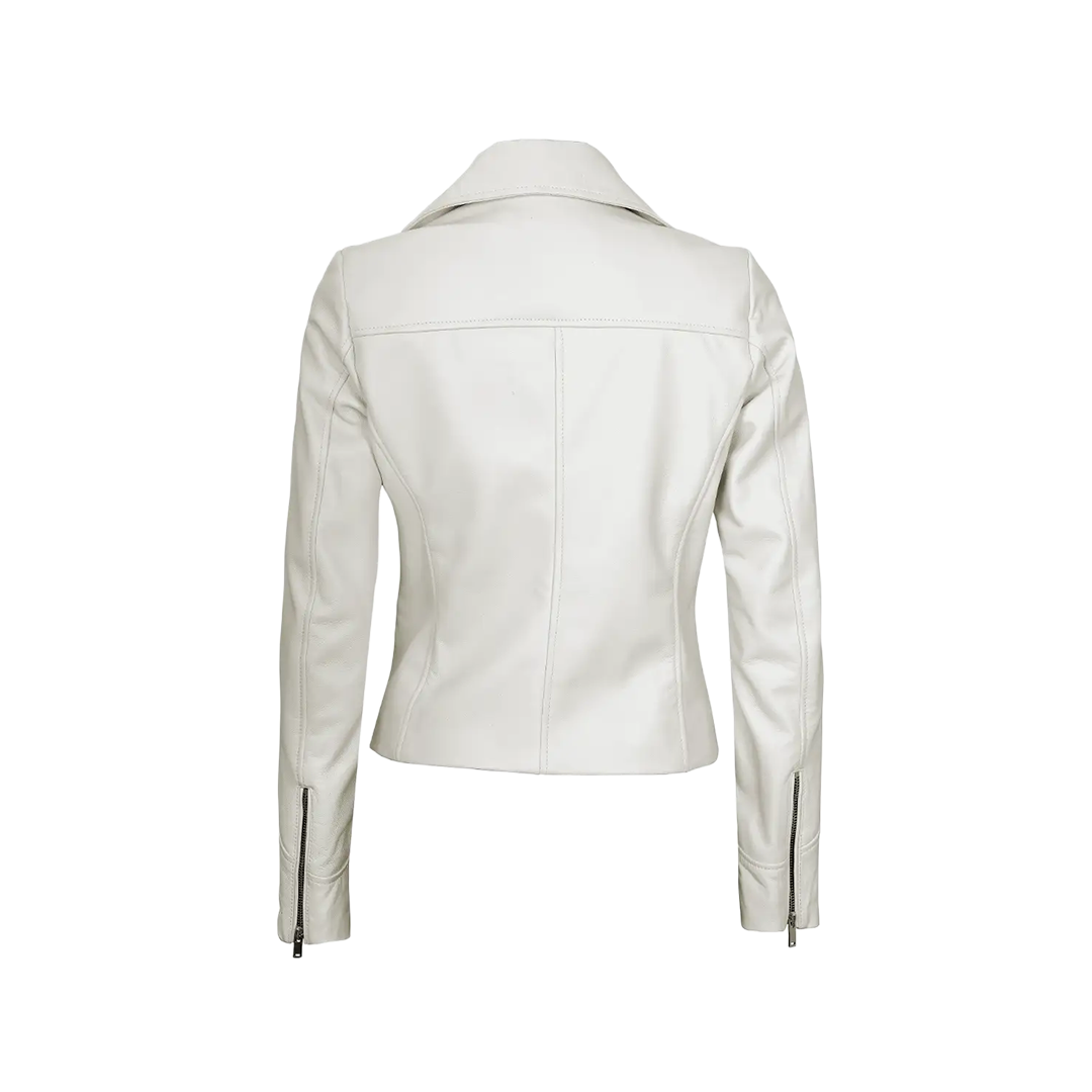 Ninfa Women Moto Style Off White Real Leather Jacket